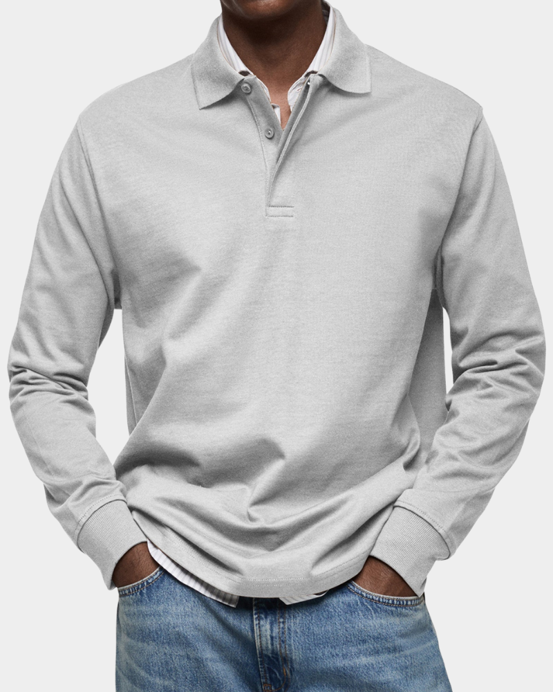 Men's light gray long-sleeve polo shirt with button placket and ribbed collar