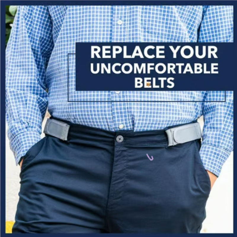 Buckleless belt with light gray strap across dark shorts waistband