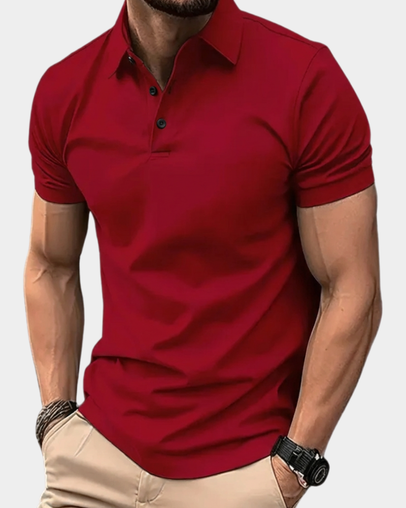Red solid polo shirt with short sleeves, button placket, and ribbed collar