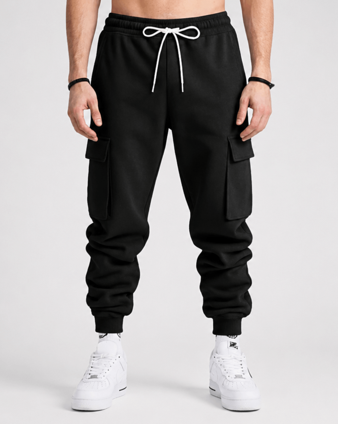 Black cargo jogger pants with adjustable drawstring and side cargo pockets