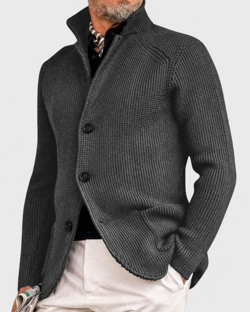 Black textured knit button cardigan with stand collar and long sleeves