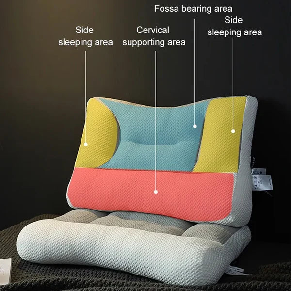 Orthopedic contour neck pillow showing ergonomic support zones and layered cushions
