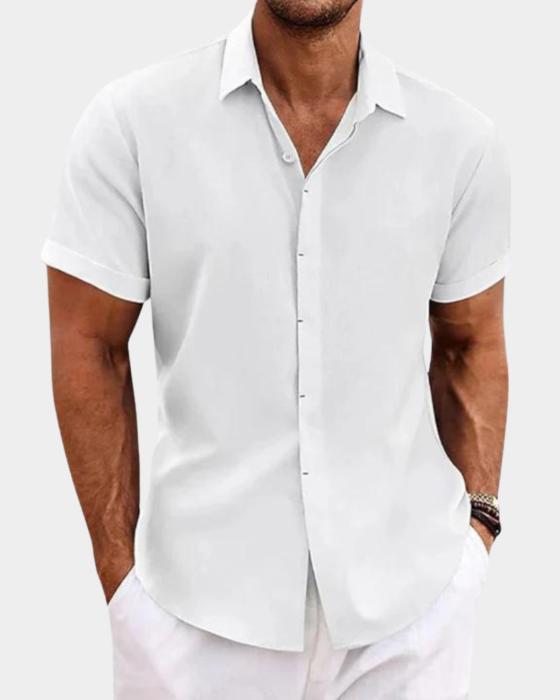 Men's white casual short-sleeve button-up shirt with pointed collar