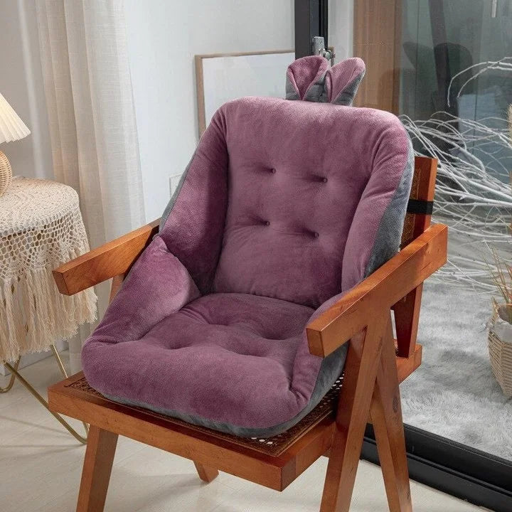 Sciatica relief cushion with purple padded backrest and contoured seat