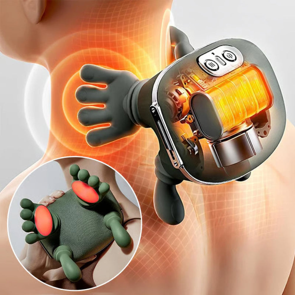 Heat therapy neck massager with glowing orange core inside green pad