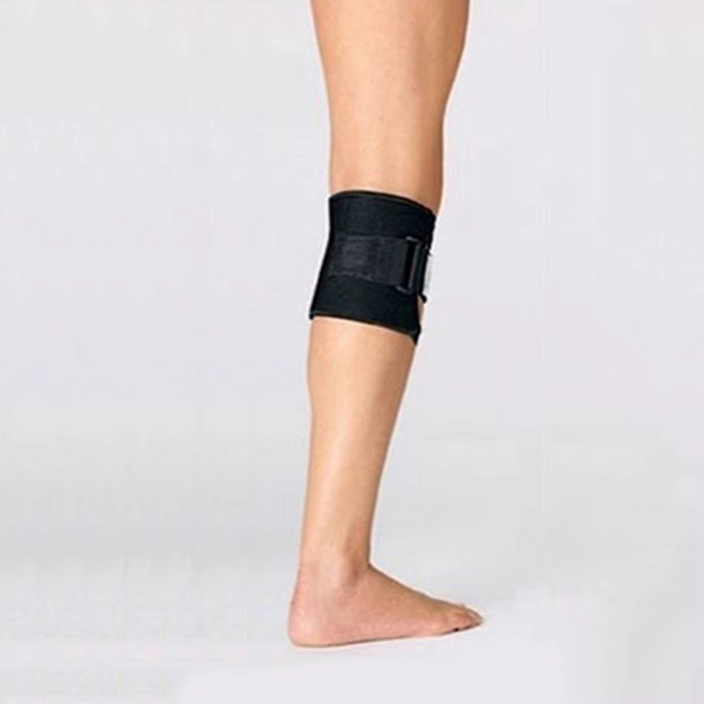 Black wrap leg brace with Velcro closure on lower thigh