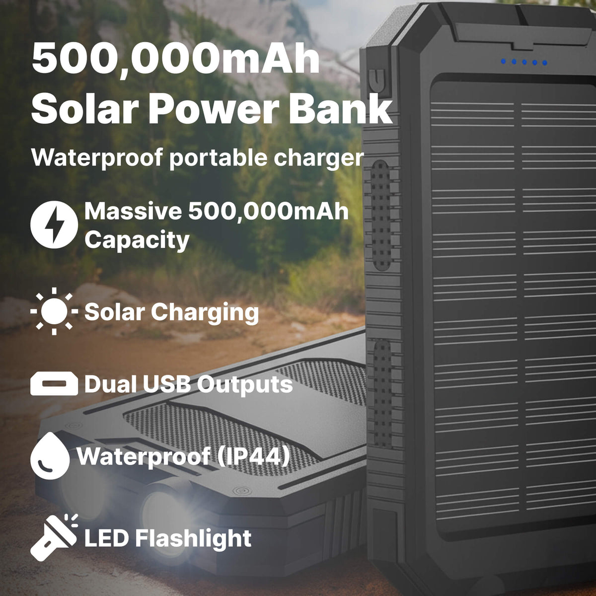 Black solar power bank with front solar panel and rugged protective housing
