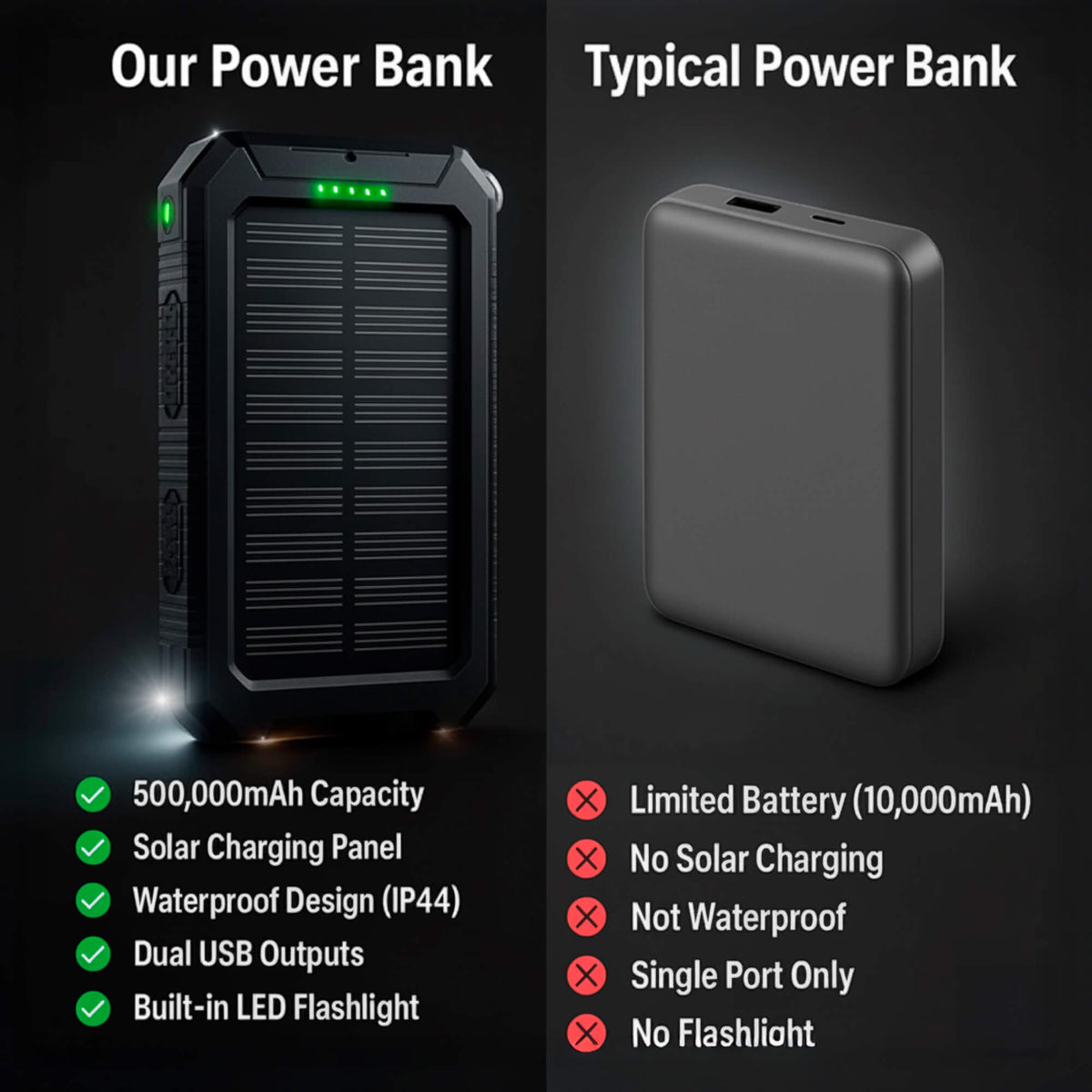 Black solar power bank front view with solar panel and LED status lights
