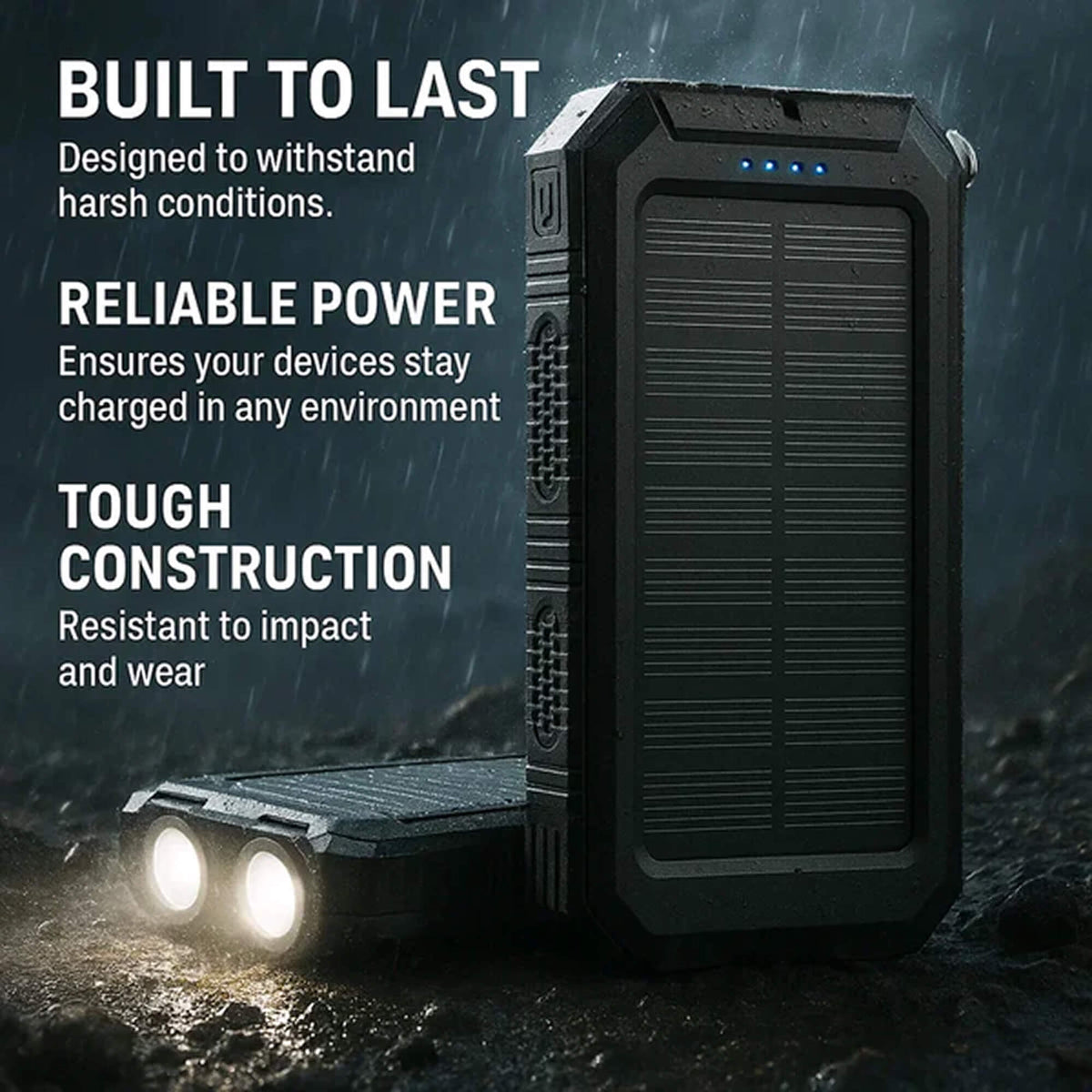 Black solar power bank with dual front LED lights and impact-resistant design