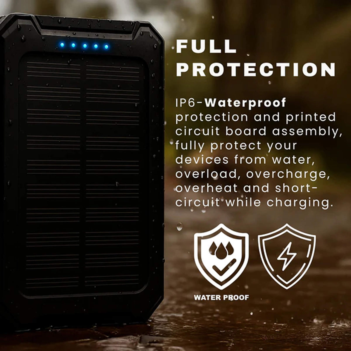 Black solar power bank with waterproof protection shield and charging safety icons