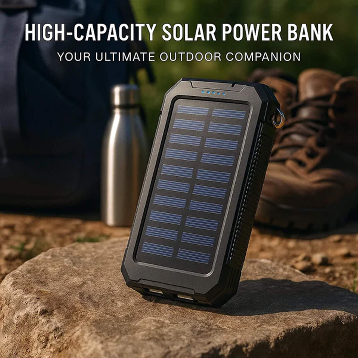 Black solar power bank with hanging loop and large solar panel