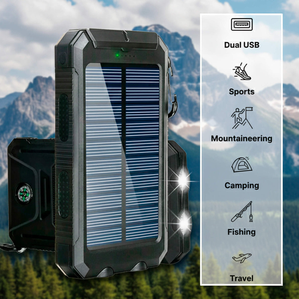 Black solar power bank with integrated dual USB area on rugged body