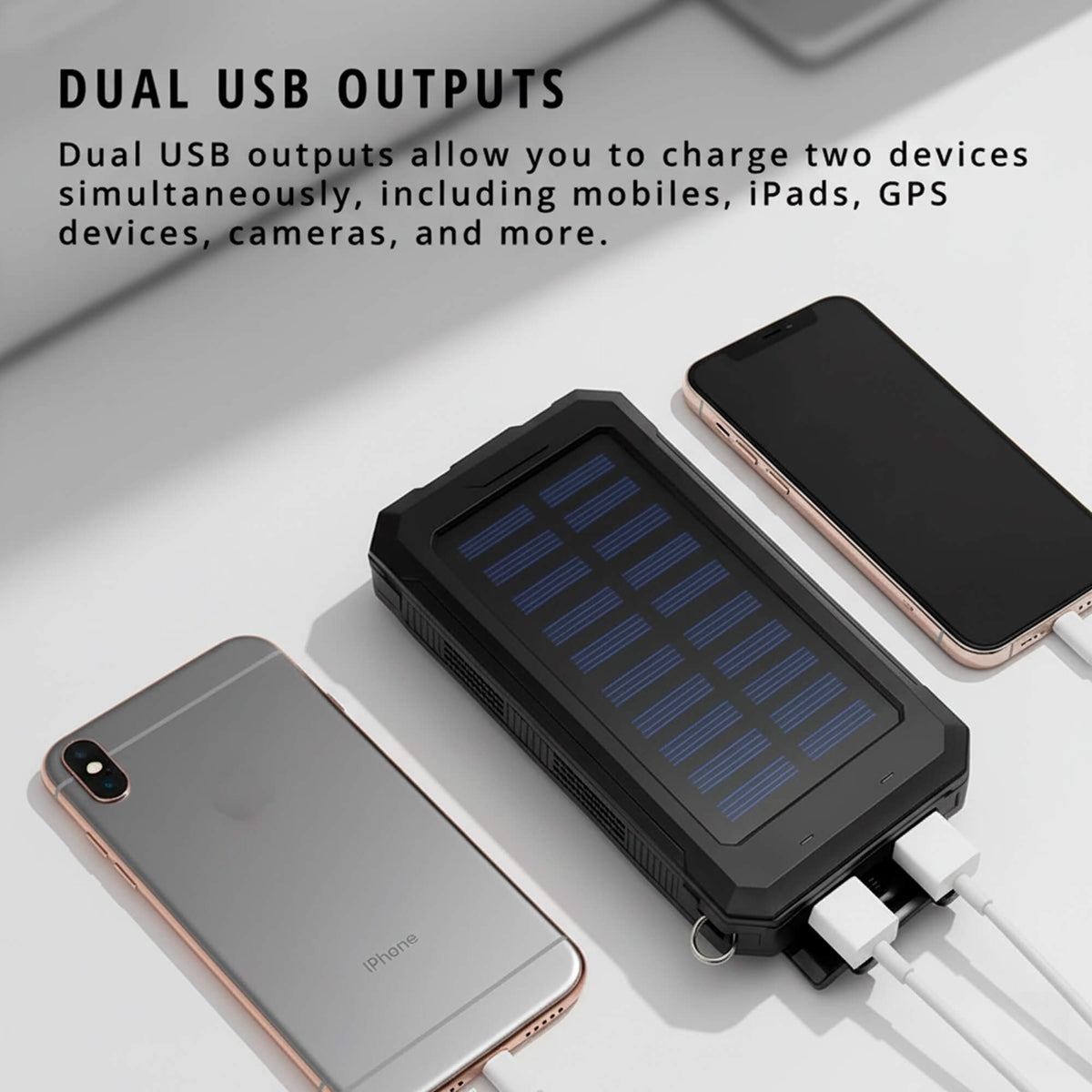 Black solar power bank with dual USB outputs charging two devices