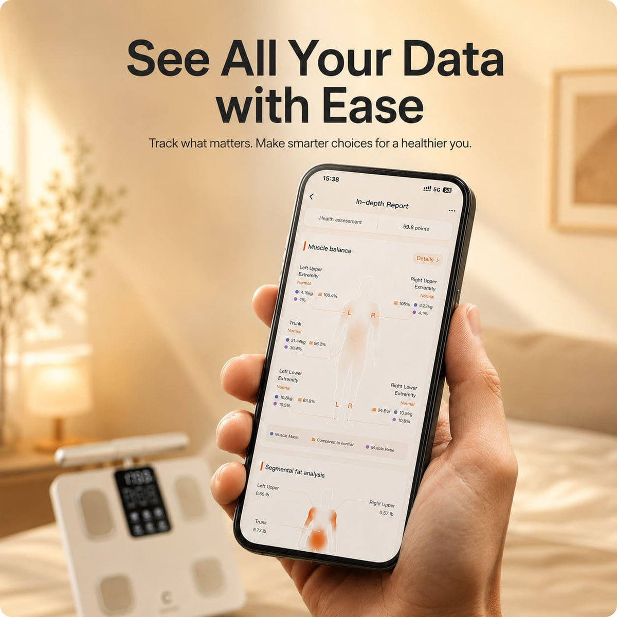 Hand holding smartphone with body report; smart body scale on countertop