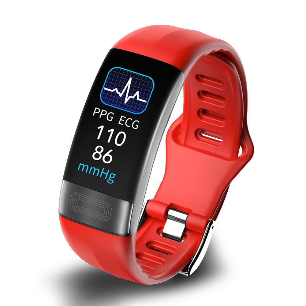 Red silicone health tracking bracelet with ECG-style graph and PPG/ECG numbers