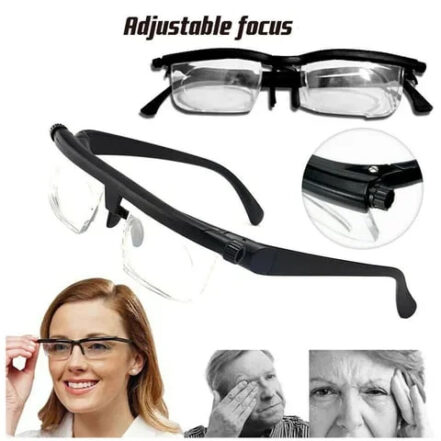 Adjustable reading glasses with black frame, clear dual lenses, and focus adjustment