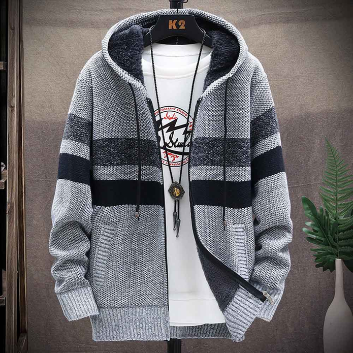 Hooded zip-front jacket in light gray plaid, zip closure, drawstring hood