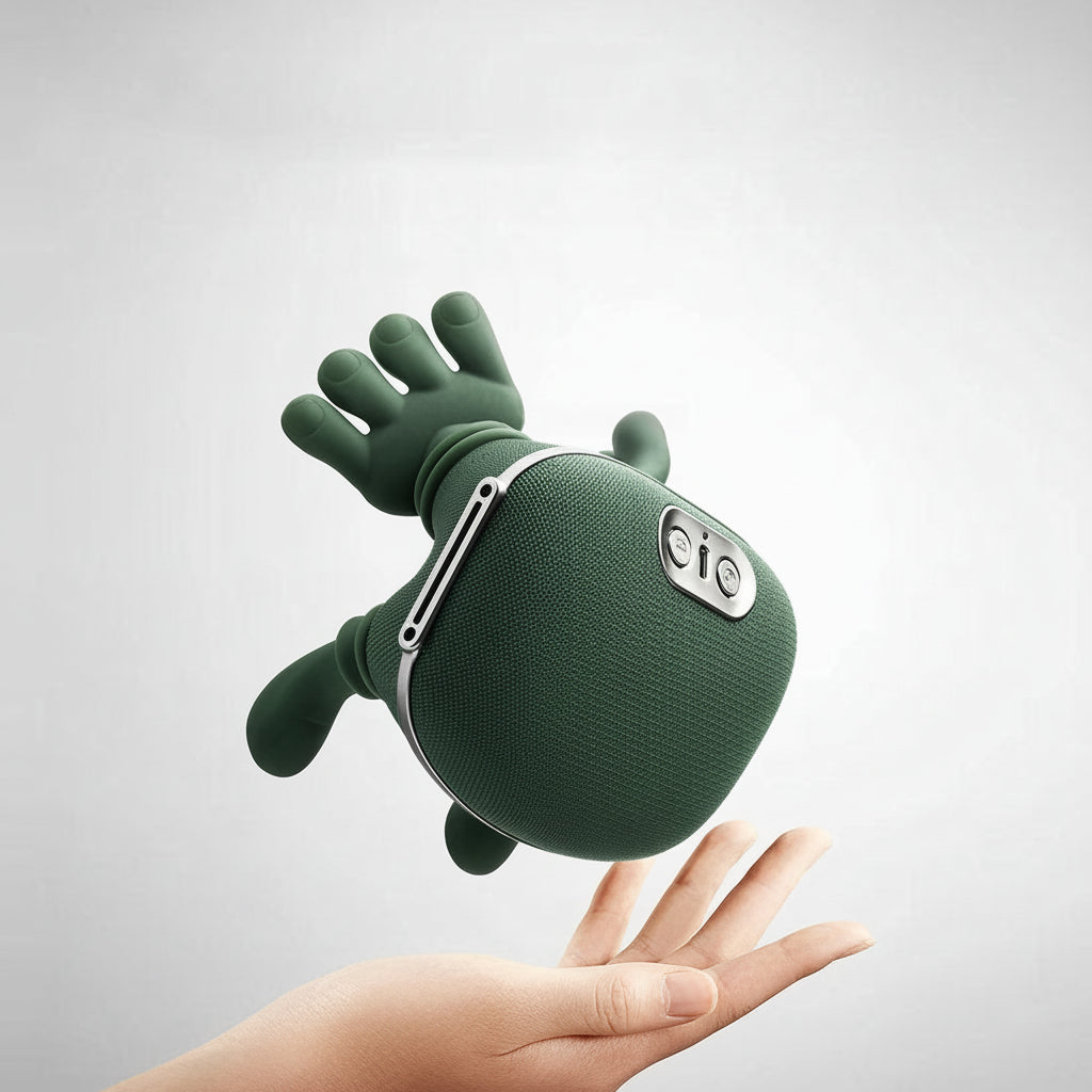Green portable neck massager with brown strap and top control buttons, held by hand