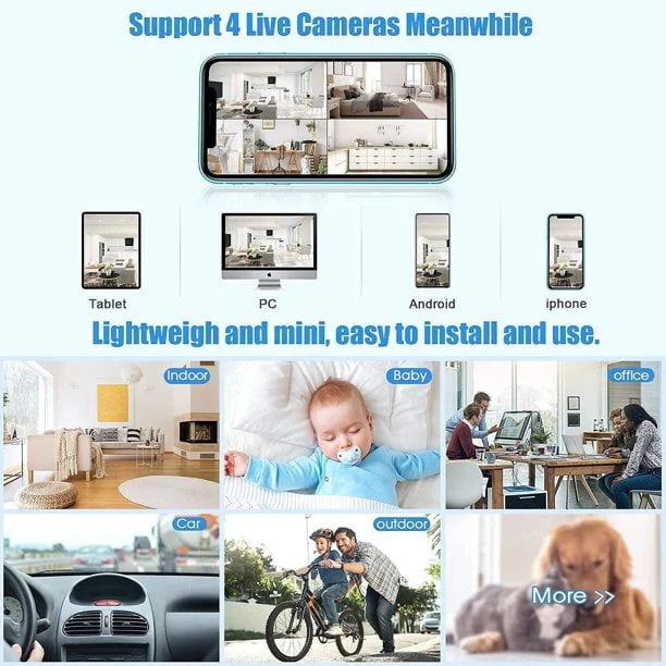 Live camera app screen showing multiple views for indoor, baby, office, car, and outdoor