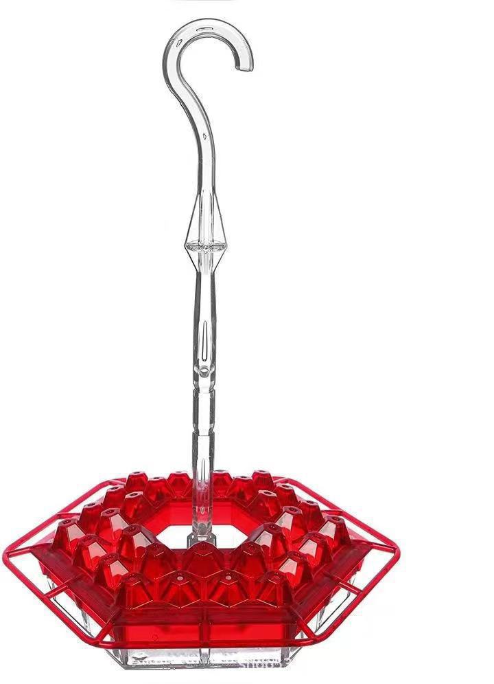 Red ant-proof hummingbird feeder with hanging hook, clear bottle neck and cup tray