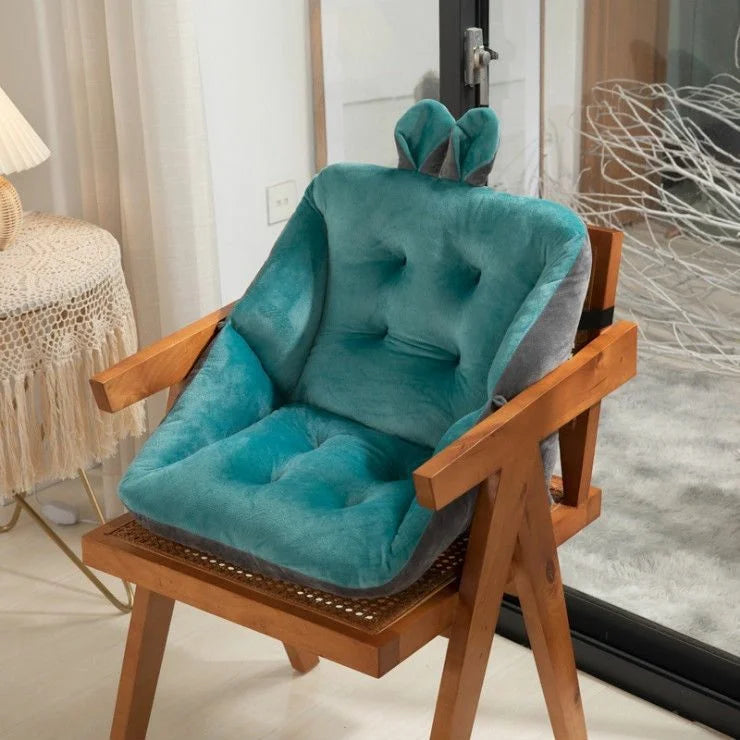 Sciatica relief cushion with teal padded backrest and contoured seat