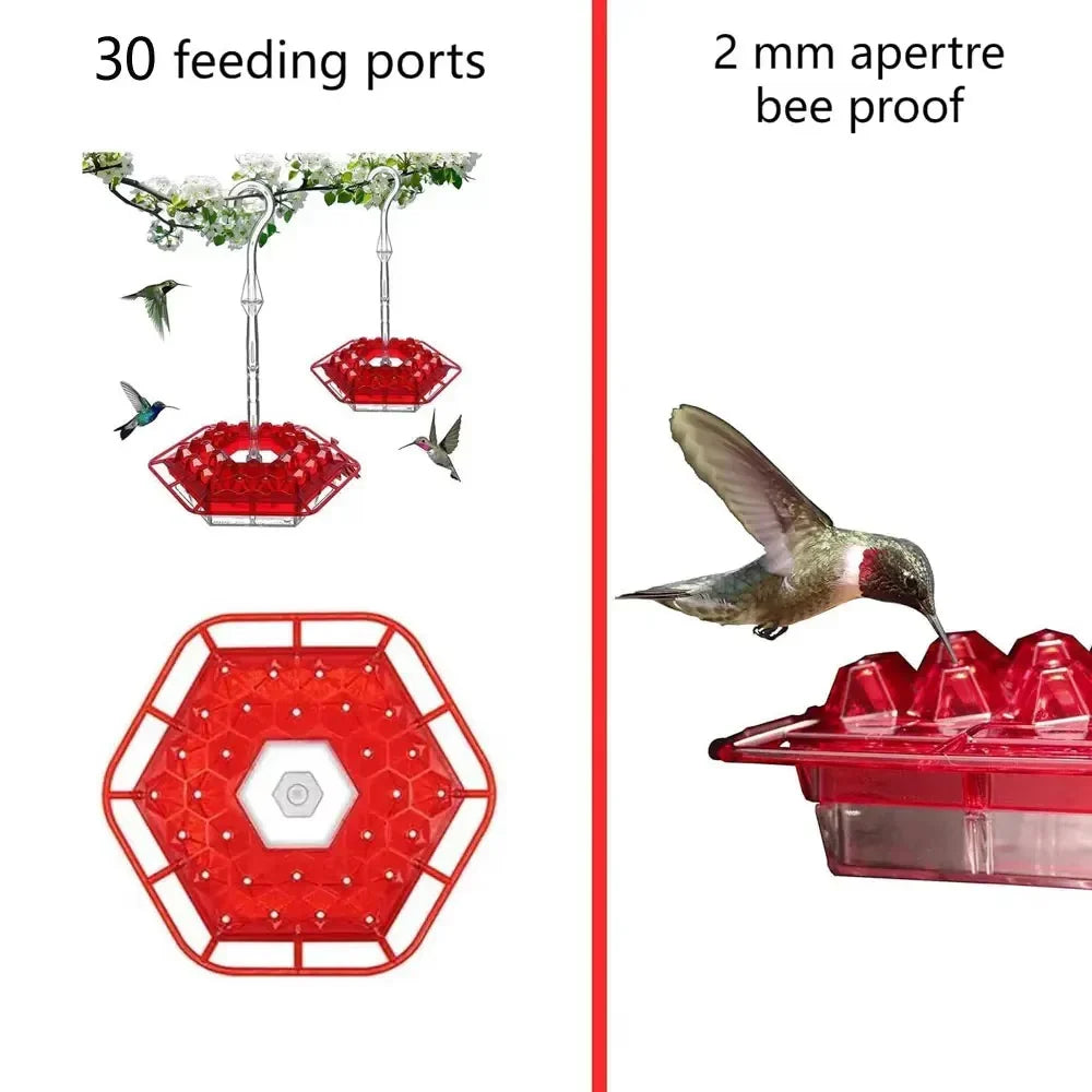 Red ant-proof bird feeder with hex tray and multiple feeding ports; bee-proof design.