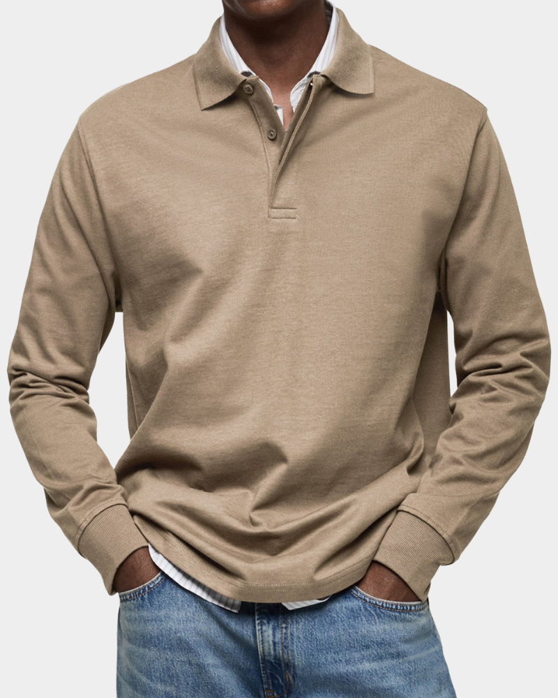 Men's khaki/beige long-sleeve polo shirt with button placket and ribbed collar