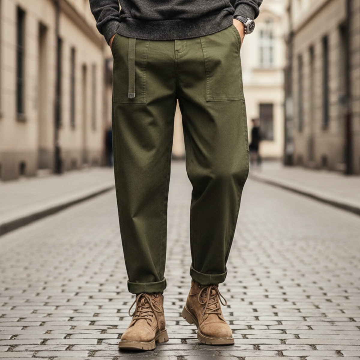 Relaxed straight-leg cargo pants, green color view
