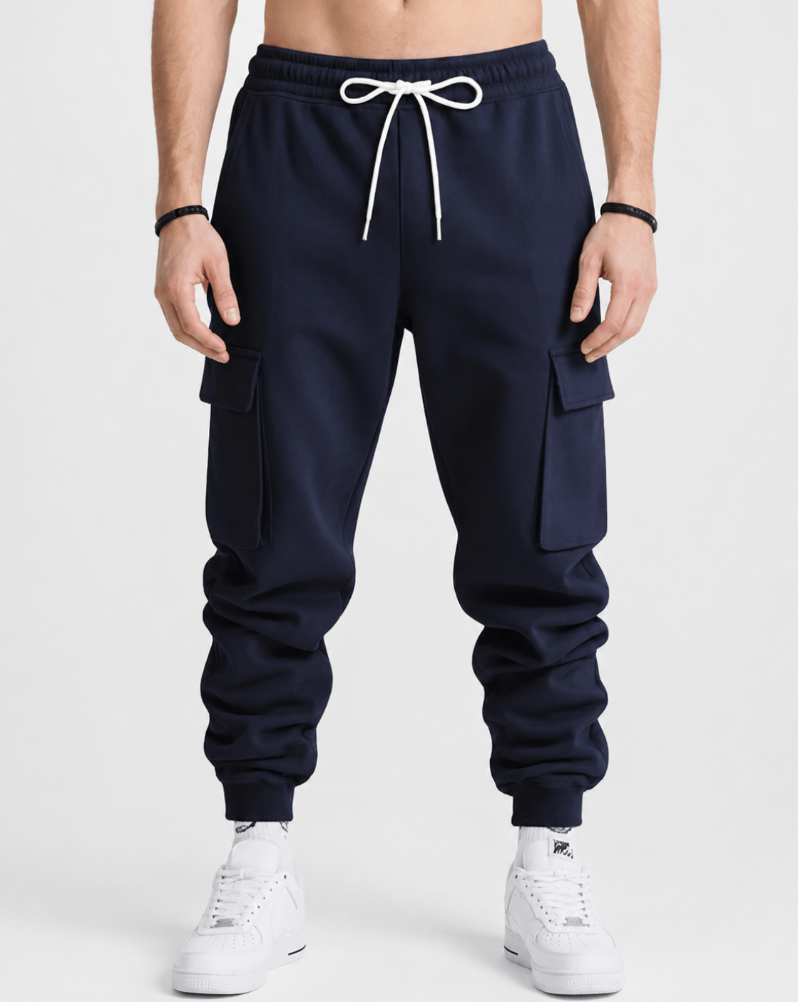 Dark blue cargo jogger pants with adjustable drawstring and side cargo pockets