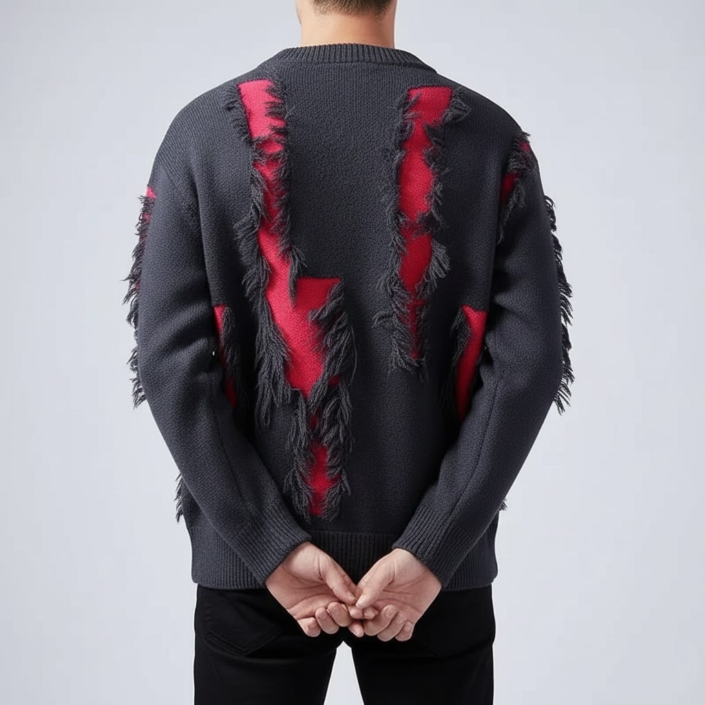 Textured frayed crewneck sweater, frayed edge detail