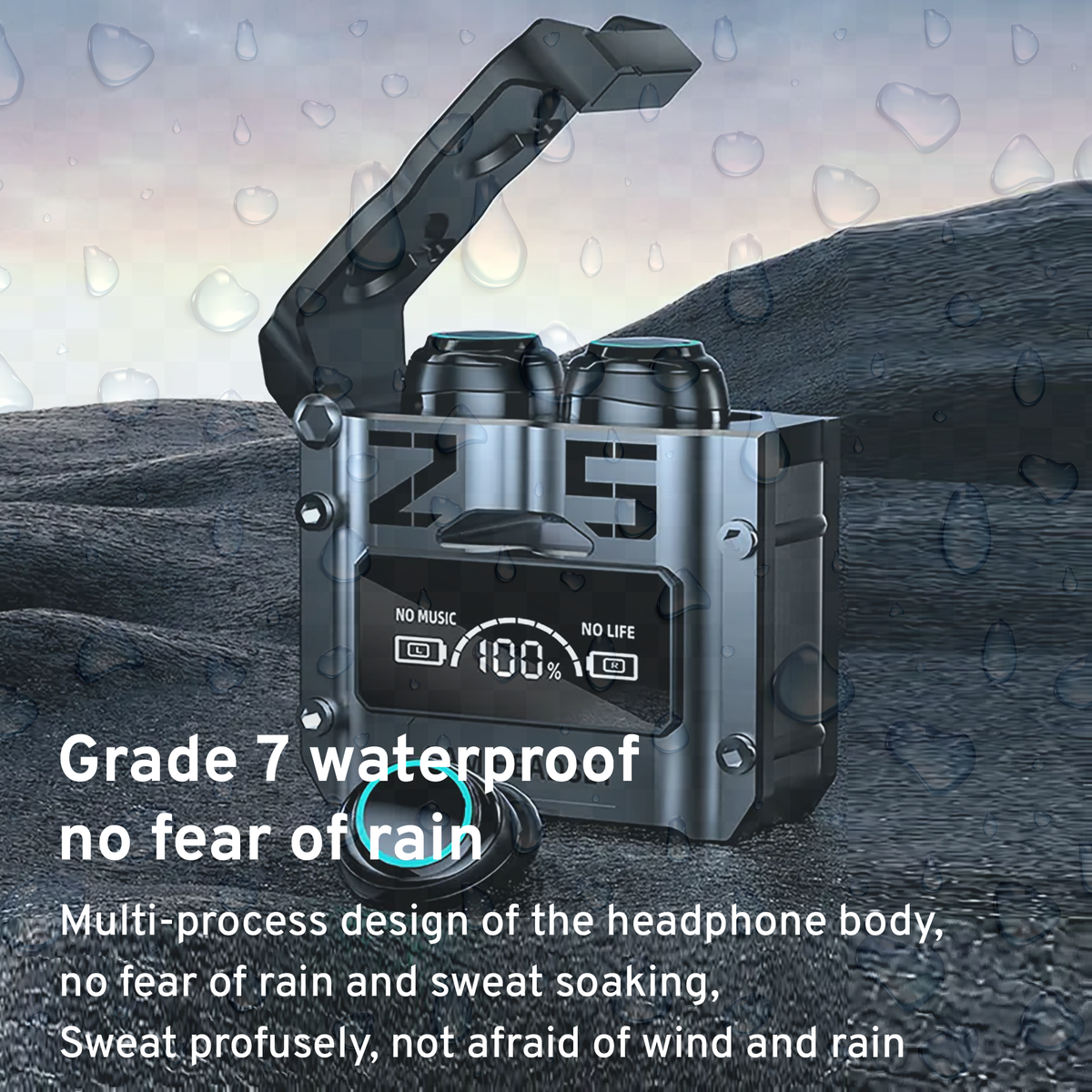 Waterproof style charging case with two earbuds on a wet surface background