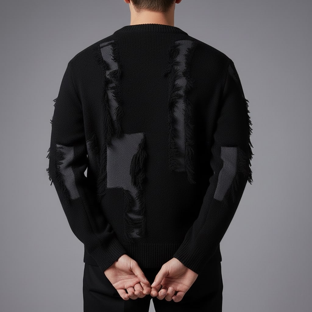 Textured frayed crewneck sweater, texture close-up