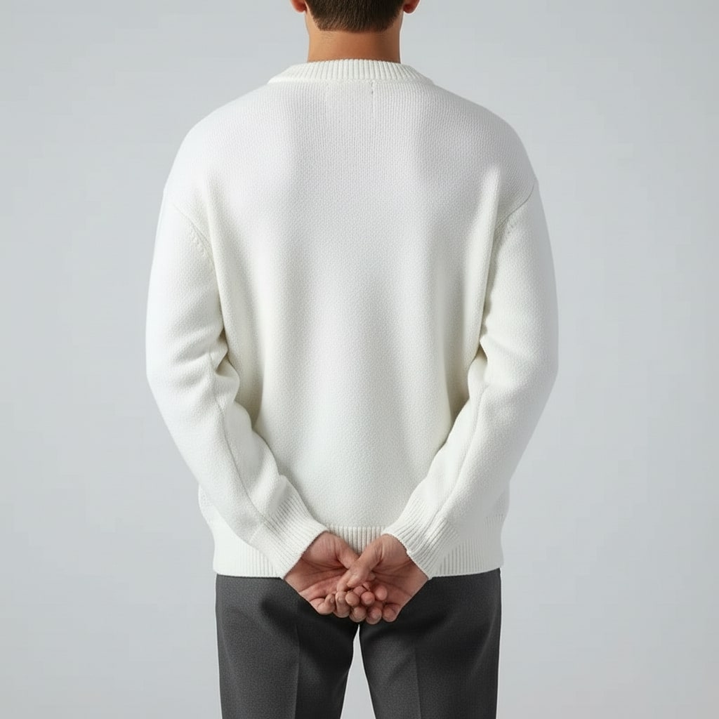 Textured frayed crewneck sweater, full look styled view