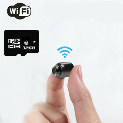 Black mini WiFi security camera with microSD 32GB card icon and signal indicator