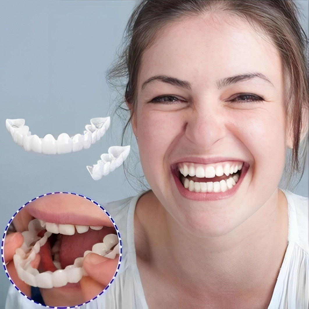 Cosmetic dental veneers on inset mouth with woman smiling broadly