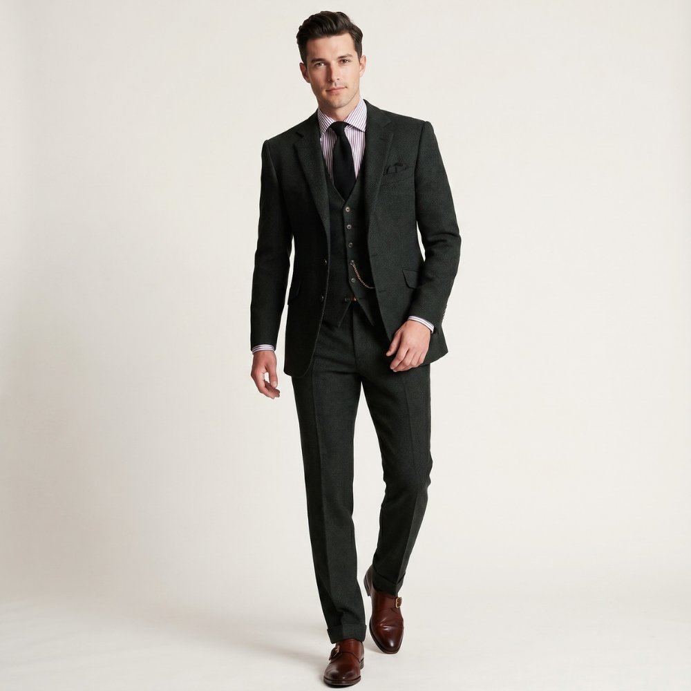 Men's tailored three-piece tweed suit in dark green, with jacket, vest, and trousers
