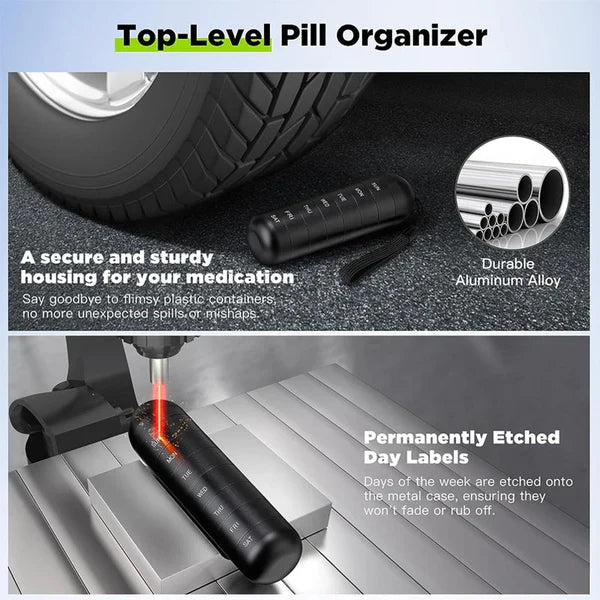 Black aluminum weekly pill organizer with permanently etched day labels and sturdy body