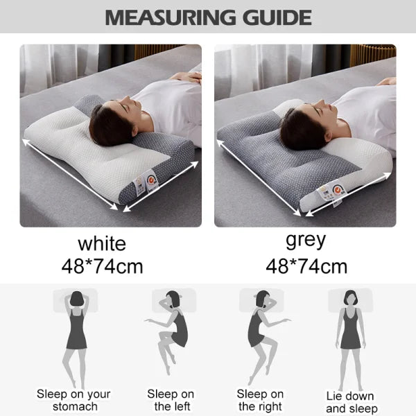 Orthopedic contour neck pillow on bed, gray cover with white contoured neck support