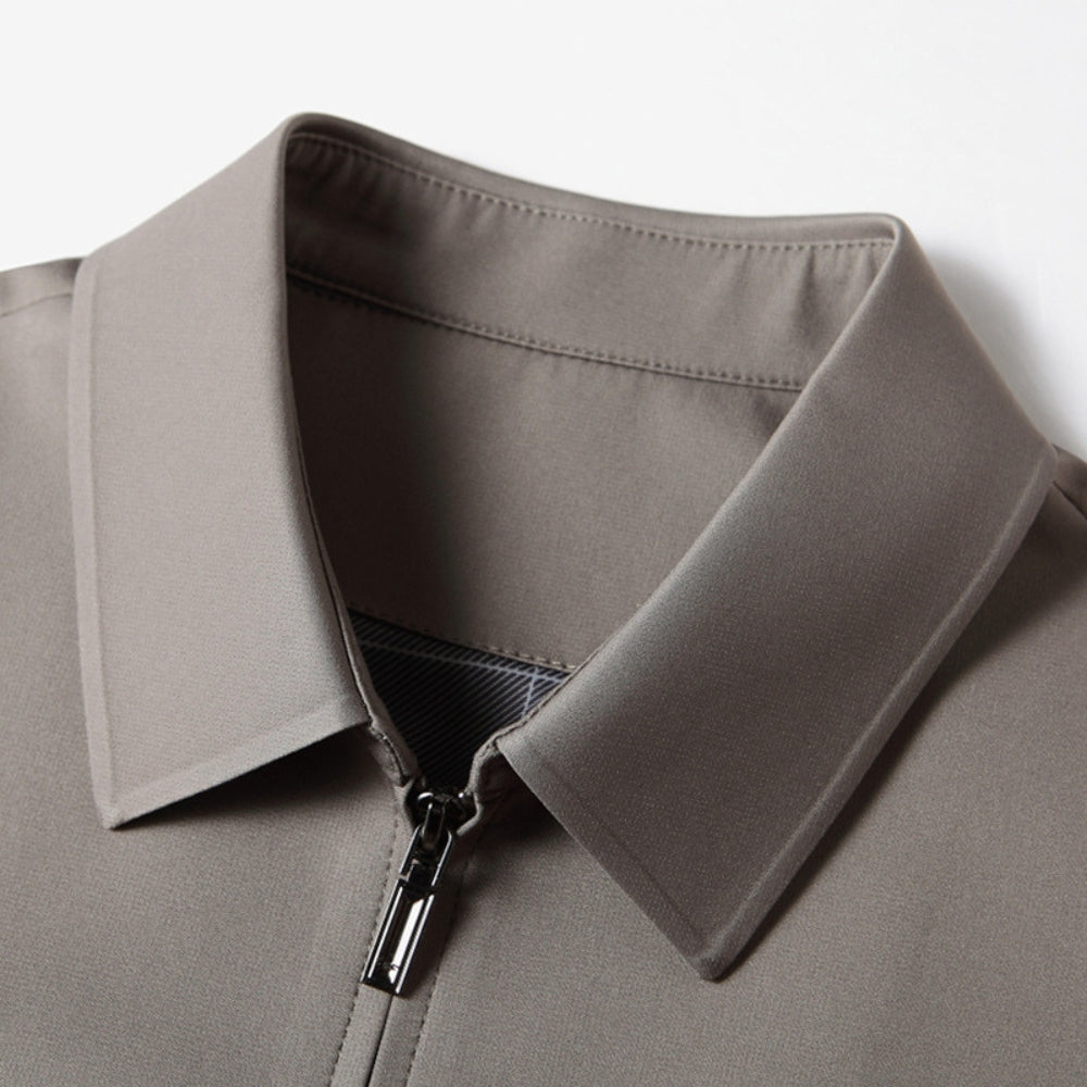 Wrinkle-resistant zip jacket, styled front view