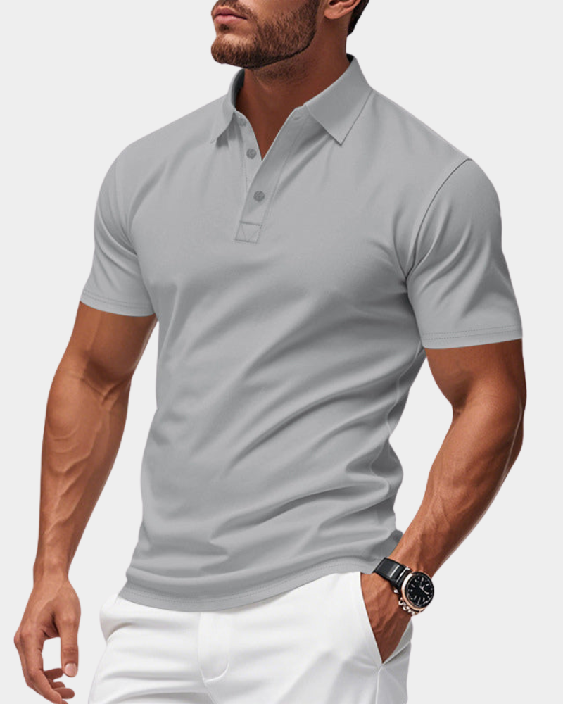 Men's gray polo shirt with short sleeves, knit collar, and 2-button placket