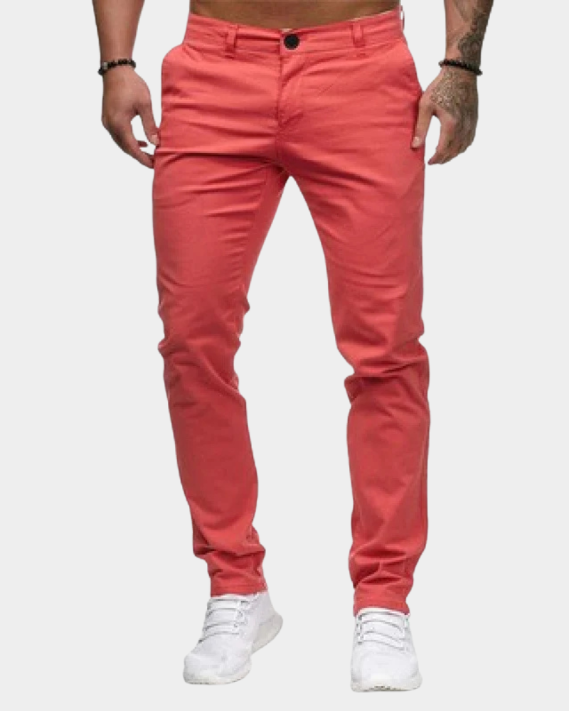 Coral red slim tapered chinos with front pockets and button closure