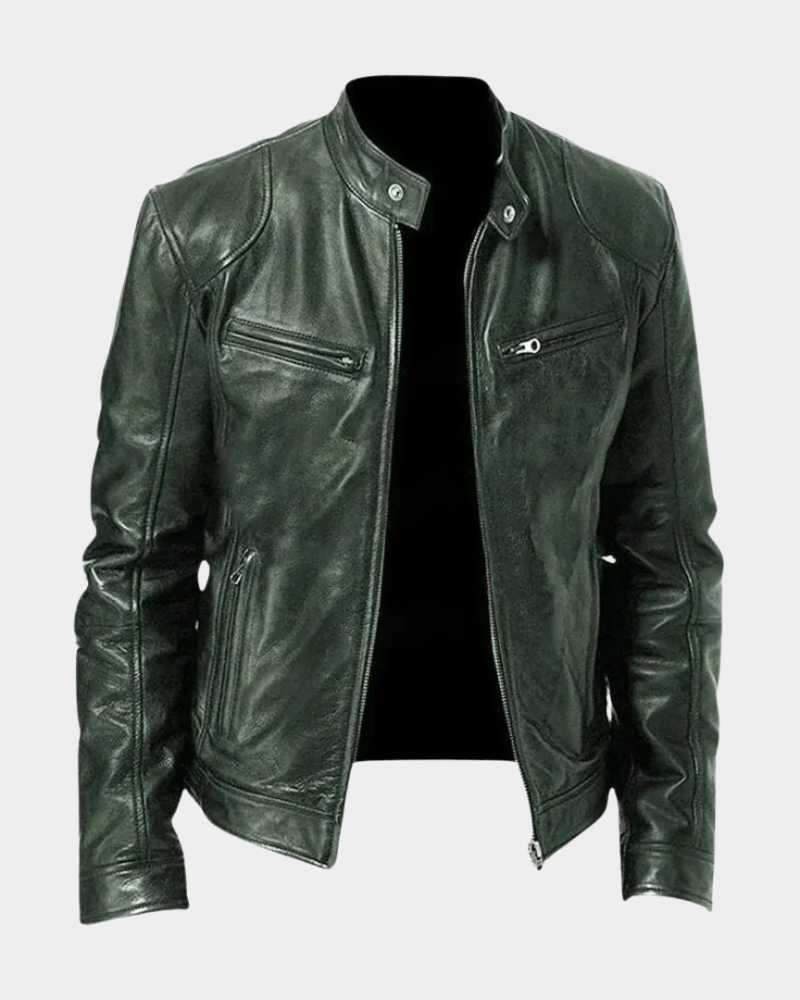 Green leather rider jacket with stand collar, snap buttons, and zip front; zip chest pockets