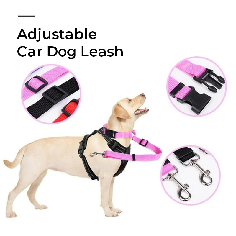 Adjustable dog car safety leash with pink harness, black strap, and metal snap hooks