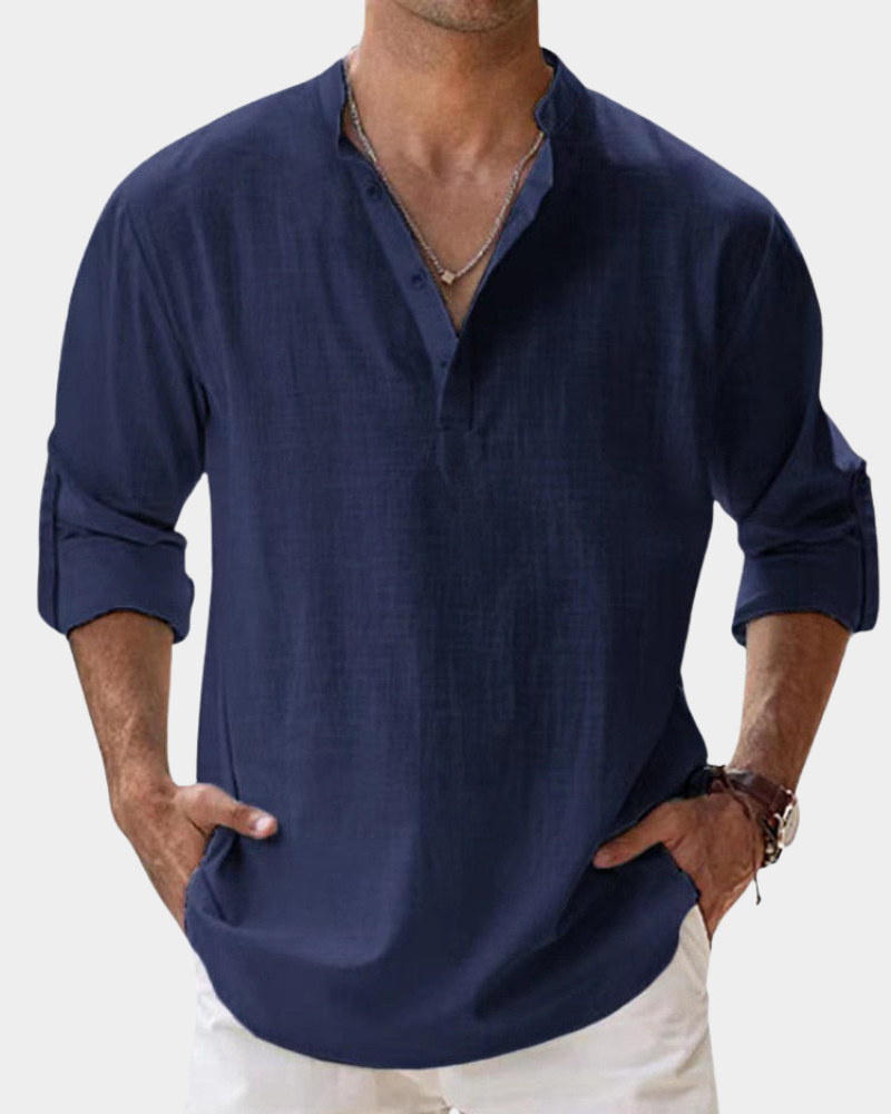 Dark blue button-up casual shirt with V-neck and 3/4 sleeves, relaxed fit.