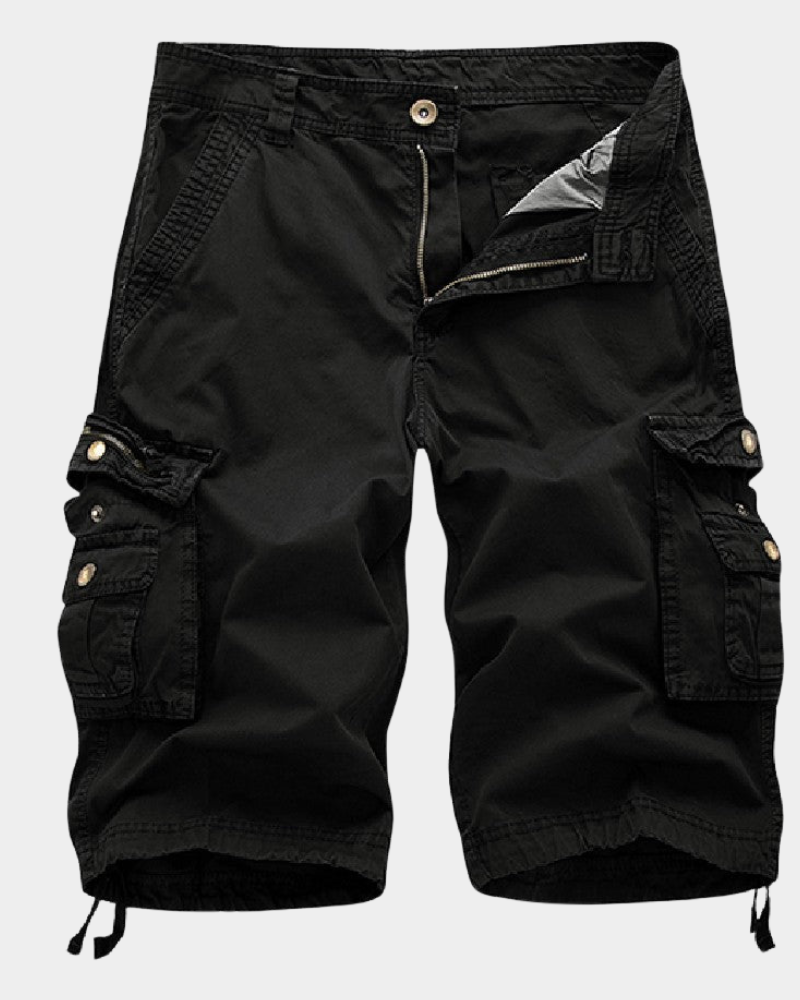 Men's cargo shorts in dark black with zip fly, button waist, and side cargo pockets
