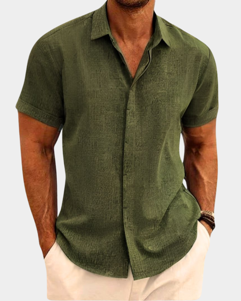 Men's olive green casual short-sleeve button-up shirt with pointed collar