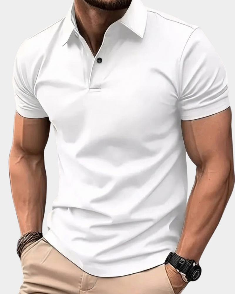 White solid polo shirt with short sleeves, button placket, and ribbed collar