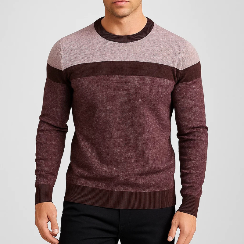Men's ribbed crew neck pullover in maroon heather with dark brown horizontal stripe band
