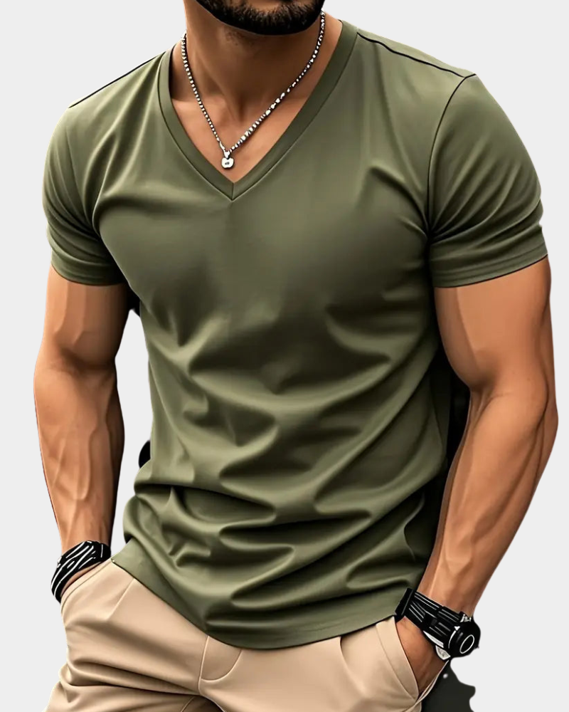 Green V-neck short-sleeve shirt with smooth fitted knit and V-neck collar