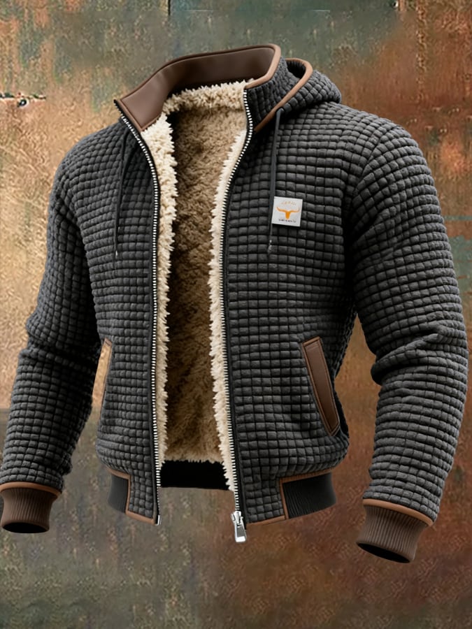 Men's quilted sherpa-lined jacket, dark gray with tan lining, chest logo patch, zip front
